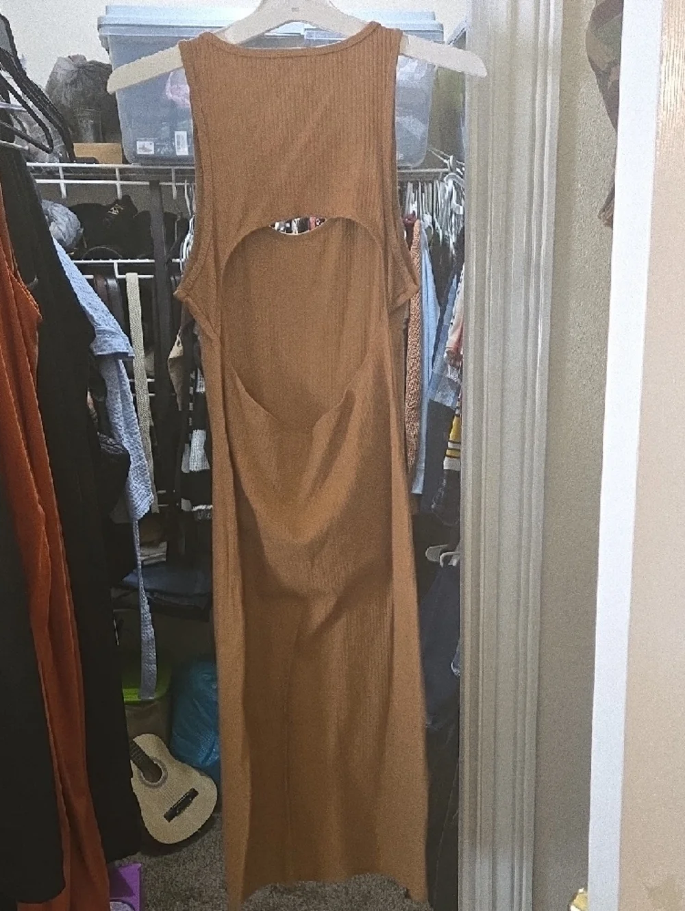Ribbed Sleeveless/Open Back Midi Dress in Camel - Picture 2 of 5